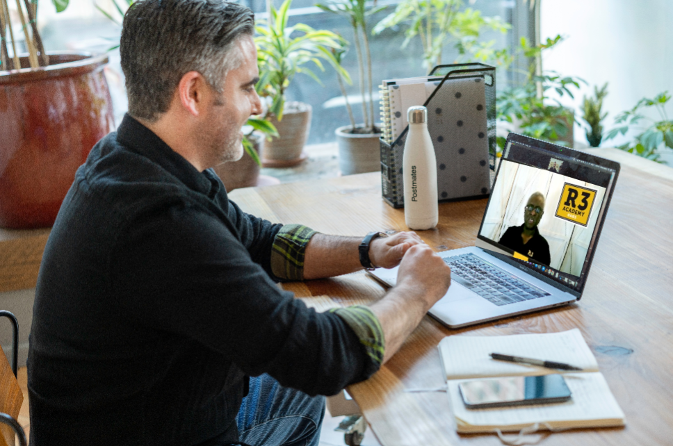 older dad on laptop, laptop features R3 instructor